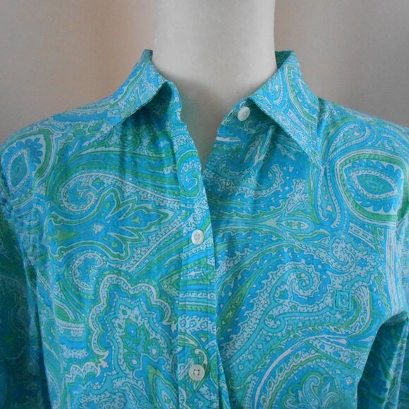 Chaps Ladies Blue Green & White Paisley Collared Button Up Long Sleeve Blouse-M - Picture 2 of 4